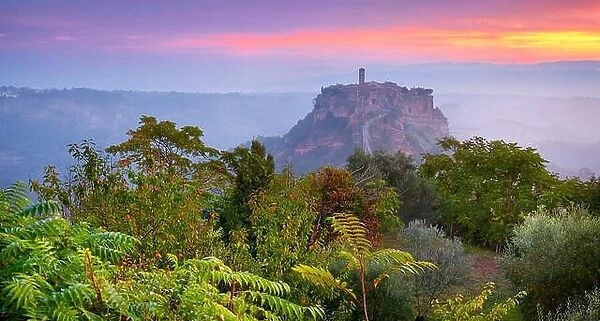 View of old city Bagnoregio at sunrise, Italy