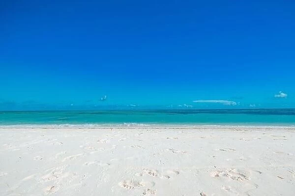 White sand beach with turquoise water and blue sky. Beach landscape, tropical nature pattern with copy space. Peaceful, relax, tranquility view