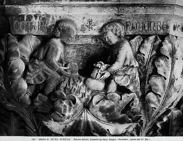 Allegories of the months of October and November. High reliefs decorating a capital in the Doge's Palace in Venice