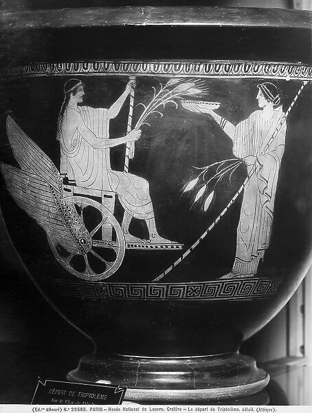 Detail of an Attic crater with a scene from the departure of Trittolemo, portrait on his winged carriage with a wheat sheaf in his hand; the work is preserved in the Louvre Museum, Paris