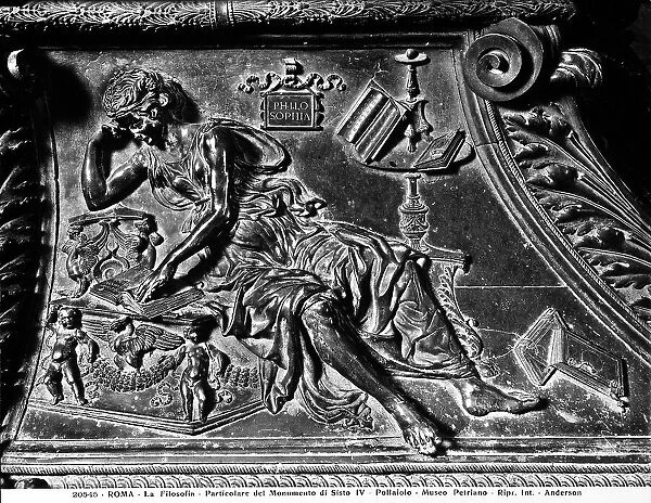 Bronze bas-relief with Allegory of Philosophy. Detail of the monument to Pope Sisto IV. Vatican Grottoes, Vatica City. he monument is a work by Antonio del Pollaiolo