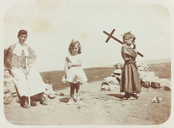 Two children and a boy photographed during a religious procession in Castel Gandolfo; postcard