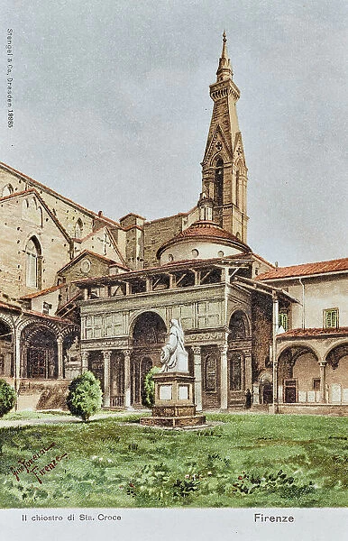 The cloister of the Basilica of Santa Croce, drawing by Gino Panerai, postcard, color printing
