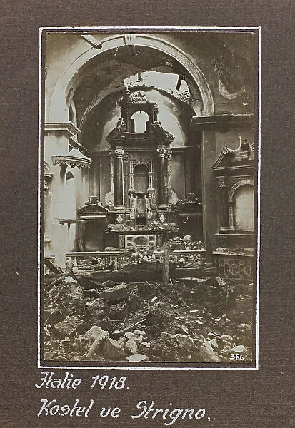 First World War: interior of a church of Strigno after a bombing, Photography of the Austro-Hungarian Empire