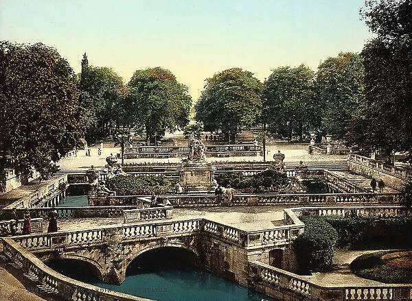 Fountain Gardens, at the foot of Mount Cavalier, enriched by numerous seventeen-century sculptures. Nimes, France