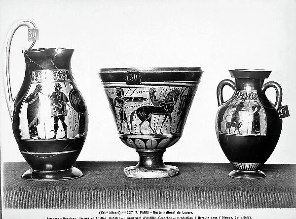 Three Greek vases from the V century BC, works preserved in the Louvre Museum, Paris