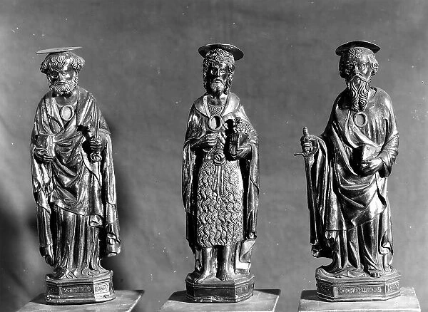 The Holy Saints Peter, John the Baptist and Paul; reliquary statuettes in silver, of Lombardic art, conserved in the Treasury of the Cathedral of Vercelli