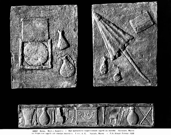 Two low-reliefs with some toilet objects coming from the Municipal Museum of Avezzano, and a frieze with objects of the Mundus Muliebris coming from the Archeological Museum of Split. Both were at the Augustan Exhibition in Rome in 1938