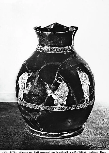 Oinochoe with Ephebes organizing a cockfight, preserved in the Gregorian Etruscan Museum, Vatican City