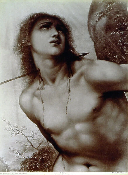 Detail of the painting by Sodoma of the martyrdom of Saint Sebastian. The picture focuses on the bust of the saint. His neck, dripping with blood, is pierced by an arrow. The saint is weeping and looking heavenward