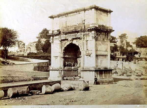 Perspective view of the Arch of Titus in the excavation area of the Roman Forum. In the background the hill of the Farnese Gardens