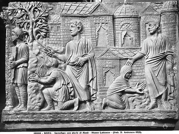 Sarcophagus front depicting Christ and Moses striking water from the rock, preserved in the Vatican Museums, Vatican City; formerly in the Lateran Museum, it was transferred to the Vatican Museums in 1970