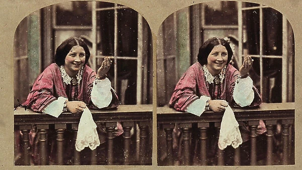 Stereoscopic photography showing a young woman on a balcony