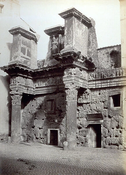 Temple of Minerva in Rome with the so called Colonnacce that support an attic decorated by a freize in bas-relief and of the statue of Minerva