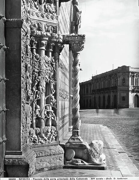 The tree of life, detail of the main door, Cathedral of Messina. A twisted column rests on a lion, the decoration of the a plant motif decoration winds around the column
