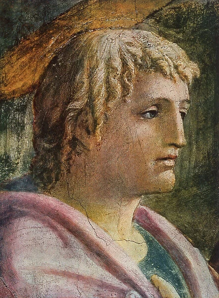 Tribute Money, detail with the face of St. John the Evangelist. Fresco by Masaccio. Brancacci Chapel, Church of Sta. Maria del Carmine, Florence