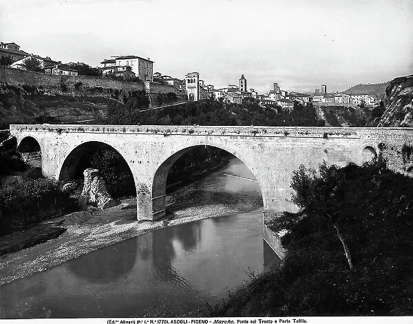 View from the bridge on the river Tronto and of the door Tufilla, Ascoli Piceno