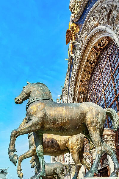 Italy, Veneto, Venice, Triumphal Quadriga, Detail from Saint Mark's Basilica facade
