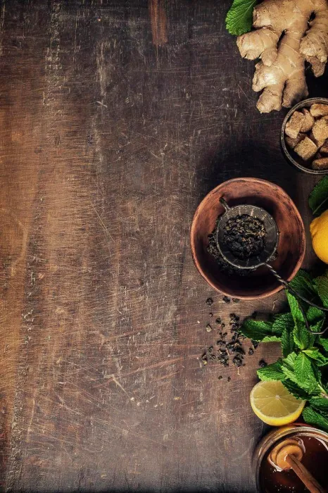 Framed Print : Tea Composition Print on Rustic Background