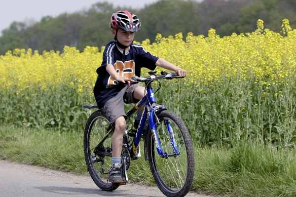 Boy with Bicycle Print: 8-Year-Old Rider on Mountain Art