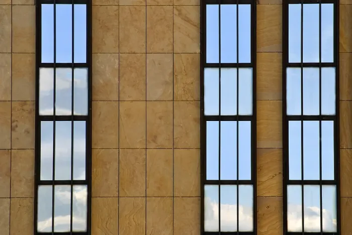 Framed Print : Facade Print: Three-Section Building with Window Reflection Framed Print : Facade Print: Three-Section Building with Window Reflection