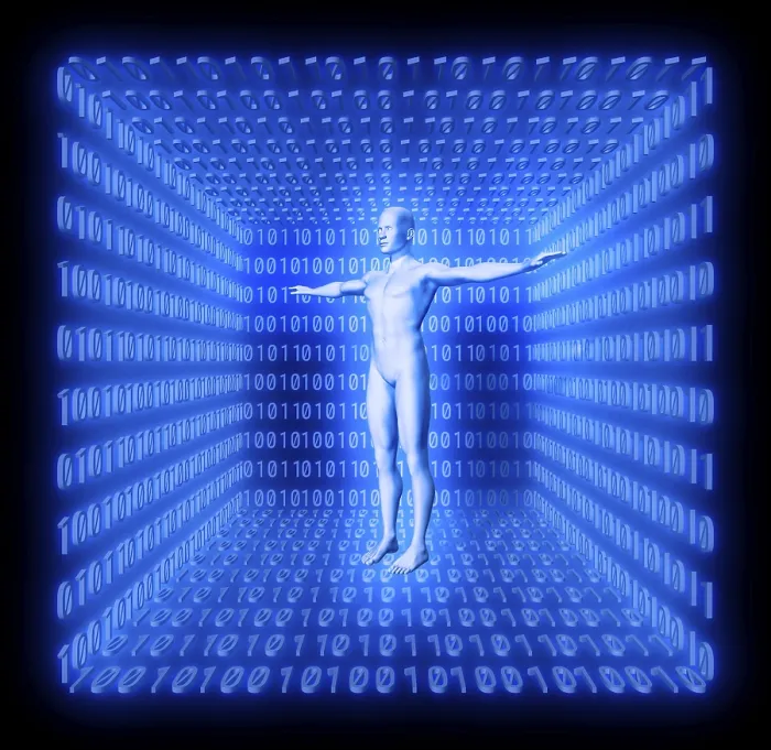 Framed Print : Binary Code Print: Man in a Futuristic Room Framed Print : Binary Code Print: Man in a Futuristic Room