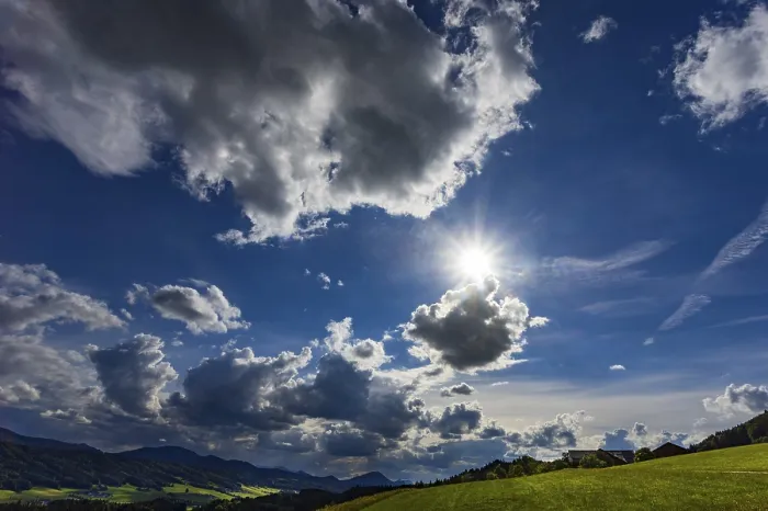 Framed Print : Meadow with Dramatic Cloudy Sky Print, Salzkammergut Austria