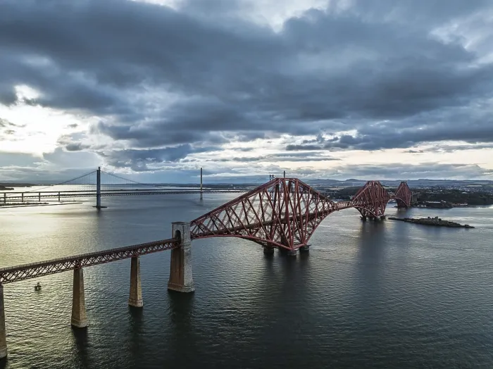 Framed Print : Rain Clouds over Forth Bridge Drone Print, Scotland