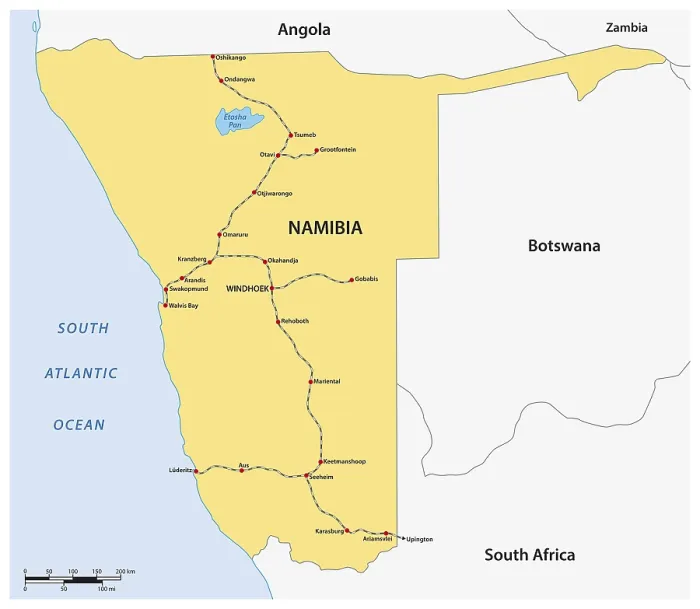 Framed Print : Route Network Map Print: Namibia Train Stations