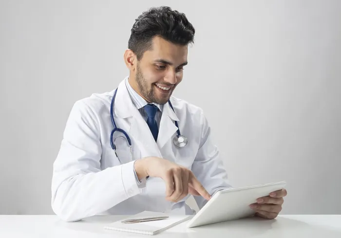 Framed Print : Modern Medicine Print: Internist with Tablet Computer Framed Print : Modern Medicine Print: Internist with Tablet Computer