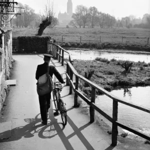 Print of Postman on Town Path, Harnham Print of Postman on Town Path, Harnham