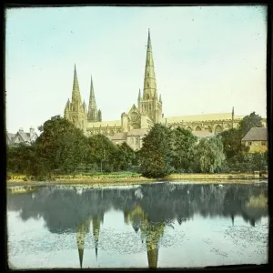 Colourised Lantern Slide Print of Lichfield Cathedral Reflected in Water Colourised Lantern Slide Print of Lichfield Cathedral Reflected in Water