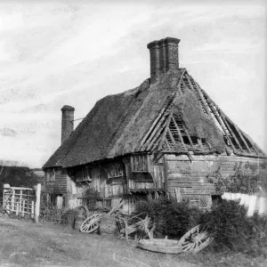 Print of a half-timbered cottage in disrepair Print of a half-timbered cottage in disrepair