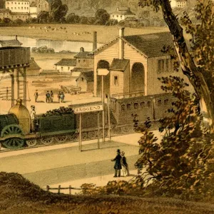 Enge Aufnahme des Breitspurnahms am Bahnhof Bridgend, um 1850 Enge Aufnahme des Breitspurnahms am Bahnhof Bridgend, um 1850
