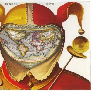 16th century red and yellow Jesters Cap costume map of the world