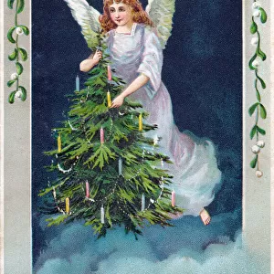 Angel with tree on a Russian Christmas postcard