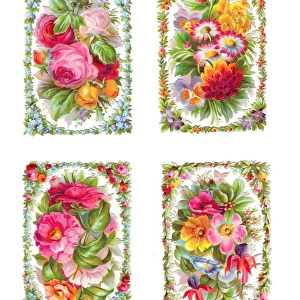 Assorted flowers on four Victorian scraps