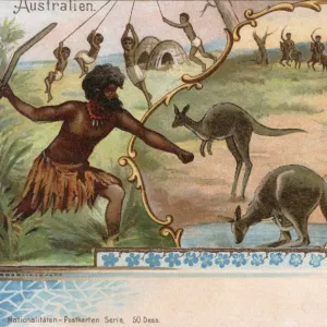 Australian Aborigines hunting Kangaroo with boomerangs