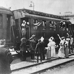 Austrian troops leaving by train for the front, WW1