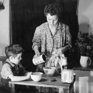 1940s Kitchen Scene Print: Mother and Son Baking Tea-Bread 1940s Kitchen Scene Print: Mother and Son Baking Tea-Bread