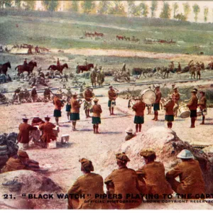 Black Watch pipers playing to captors of Longueval, WW1