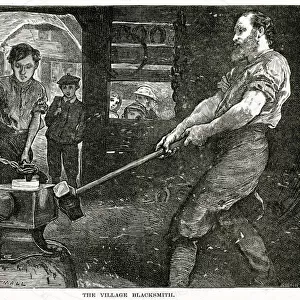Blacksmith hammering at a lump of metal with a long hammer