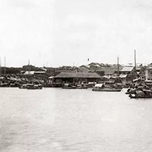Boats on the Pearl River, Canton (Guangzhou), China circa 1890. Date: circa 1890