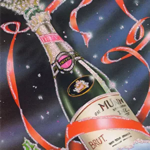 Bottle of champagne on a French New Year postcard