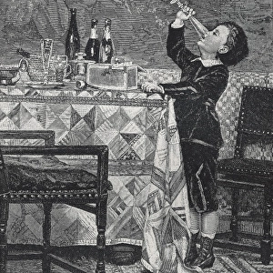 Boy drinking up champagne from a feast