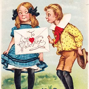 Boy and girl with envelope on a comic Valentine postcard