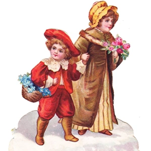 Boy and girl with flowers on a Victorian scrap