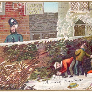 Boys snowballing on a Christmas card