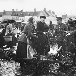 British troops in street market at Bailleul, France, WW1