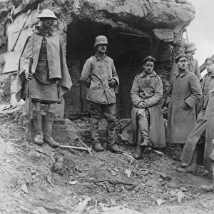 Captured German officers outside concrete bunker, WW1